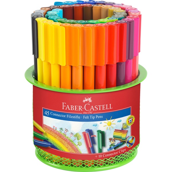 Фломастеры 45 цв. Connector в круглой подарочной металлической корзине, 155545 Faber-Castell