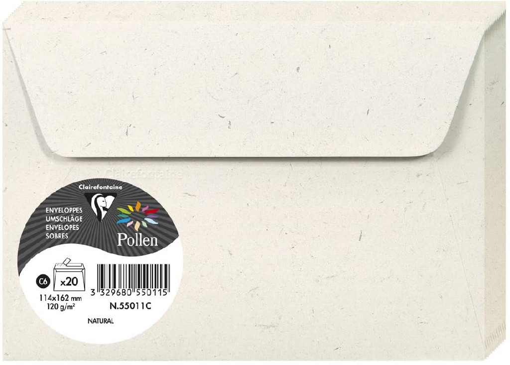 Конверт декоративный Pollen Natura collection C6 (114*162 мм)/120 г, Белый, 55011C Clairefontaine