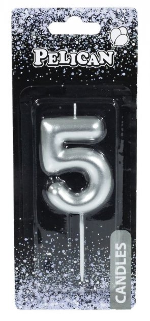 Свічка-цифра для торта Pelican "5", срібло, 6 см, 866025