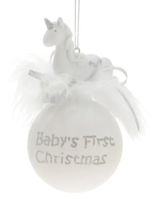 Ёлочное украшение Шар белый "Baby`s 1st Xmas" 6,5 см с единорогом сверху, 76019