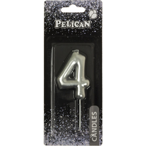 Свічка-цифра для торта Pelican "4", срібло, 6 см, 866024