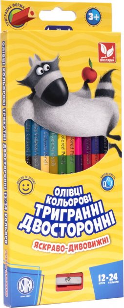 Карандаши 12/24 цв., трехгранные двухсторонние + точилка, 312113001-UA