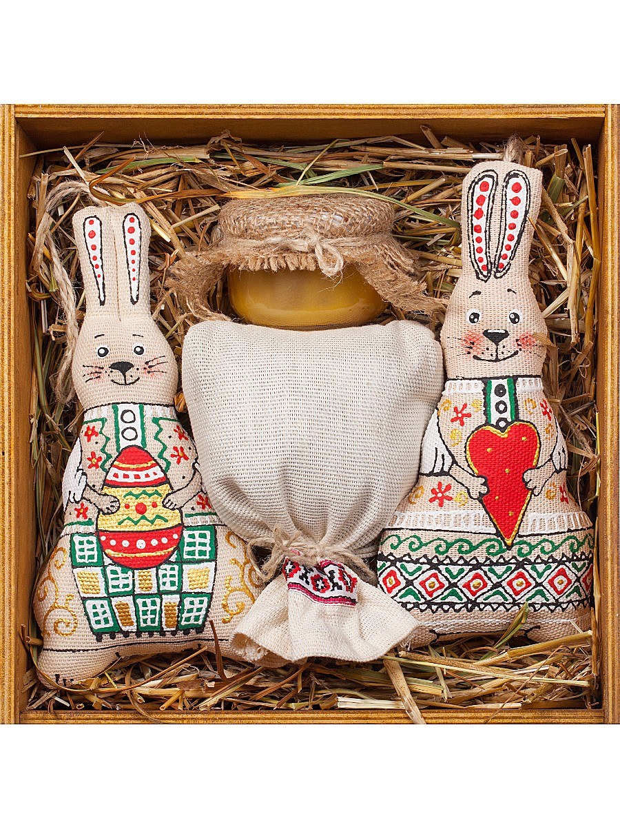 Дерев’яна коробка №52a •, Зайчик з писанкою, з серцем, чай, мед, сіно, 2023010131