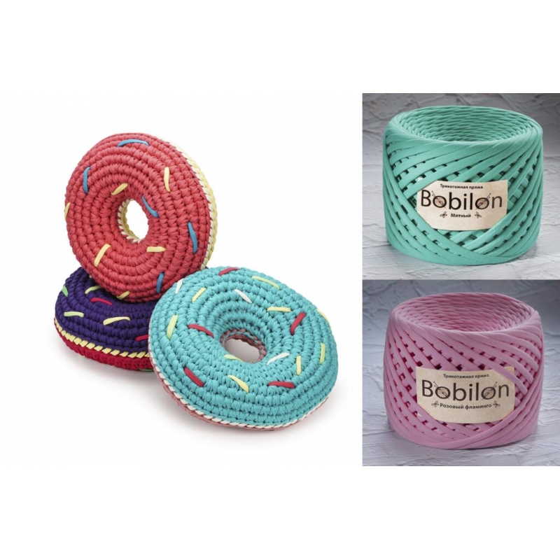 Набір пряжі трикотажної Bobilon "Sweet donut" м’ятний + рожевий фламінго, NV0049