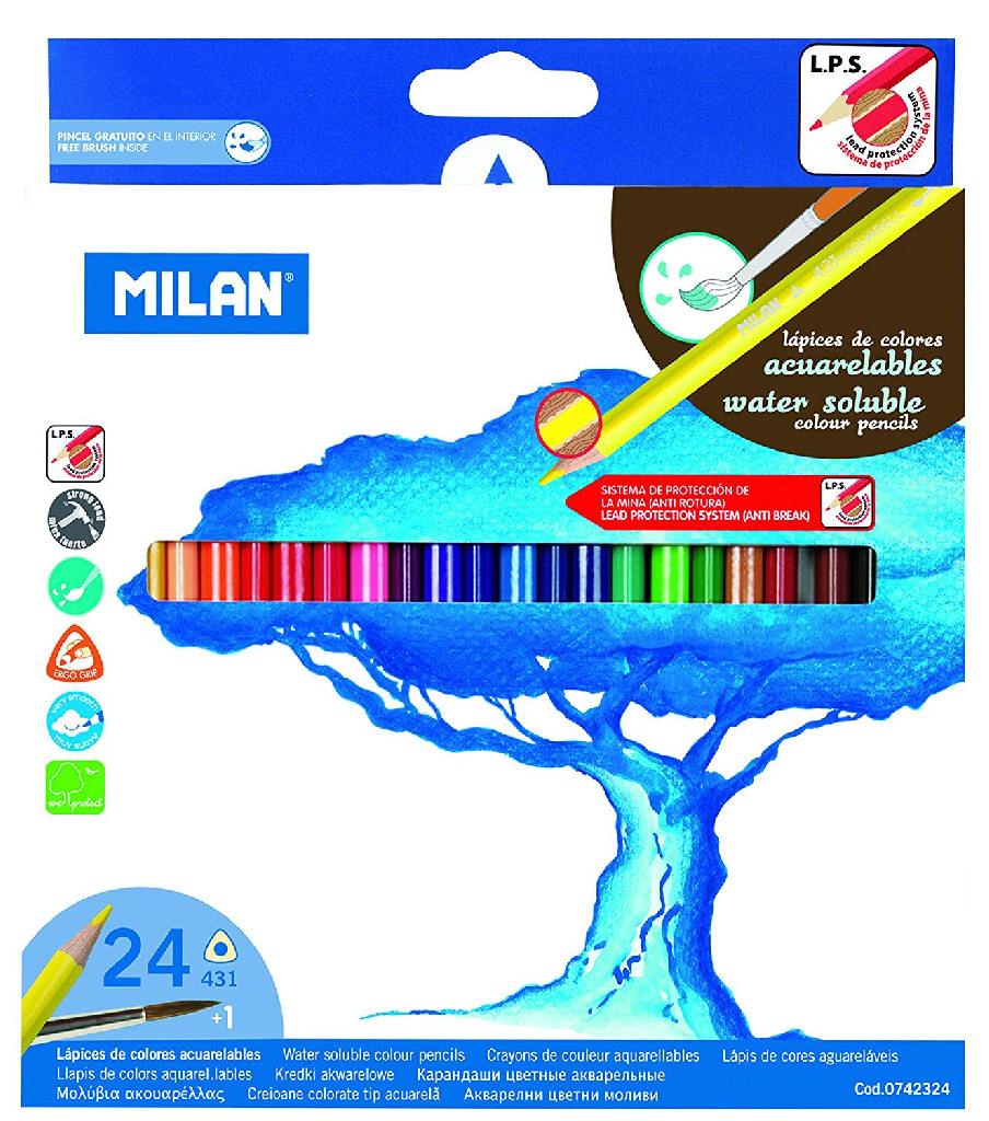 Карандаши 24 цв. акварельные треугольные с кисточкой 2,9 мм, 0742324 Milan