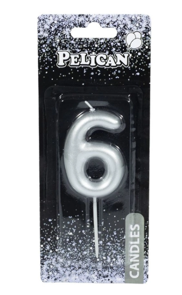 Свічка-цифра для торта Pelican "6", срібло, 6 см, 866026