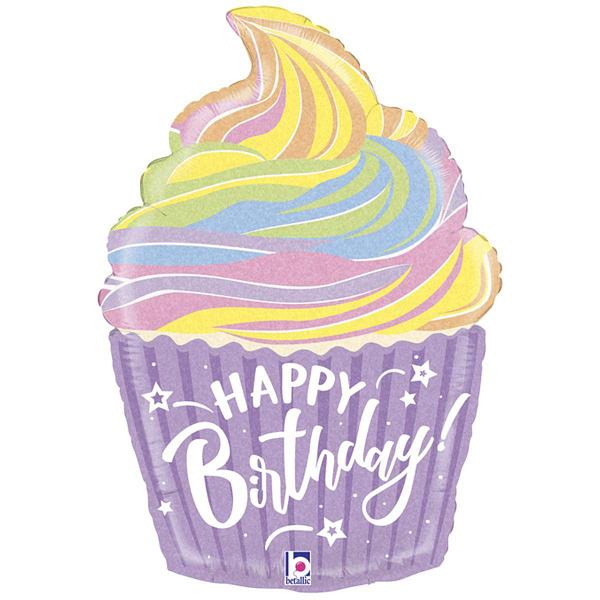 Шар воздушный 27" Фигура, Happy Birthday Кекс пастель сверкающий, 3207-2767