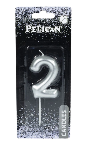 Свеча-цифра для торта Pelican "2", серебро, 6 см, 866022