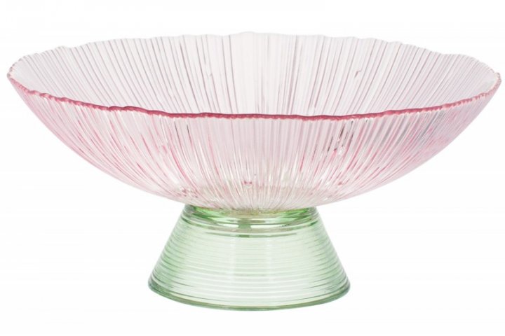 Фруктовница из цветного стекла 25 см, на ножке, розовый с изумрудным, 5019Z