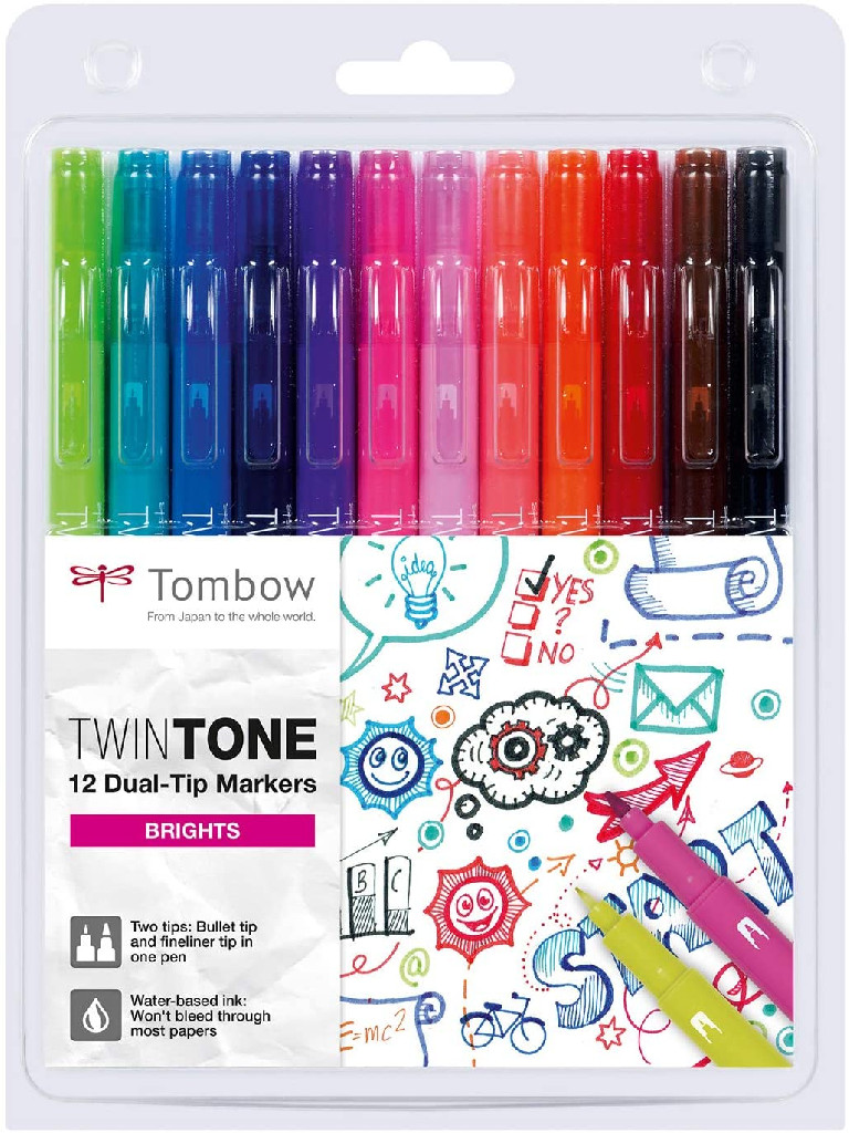 Набір маркерів двосторонніх 0,3/0,8 мм TwinTone, яскраві кольори (12 шт.), WS-PK-12P-1 ТМ "Tombow"