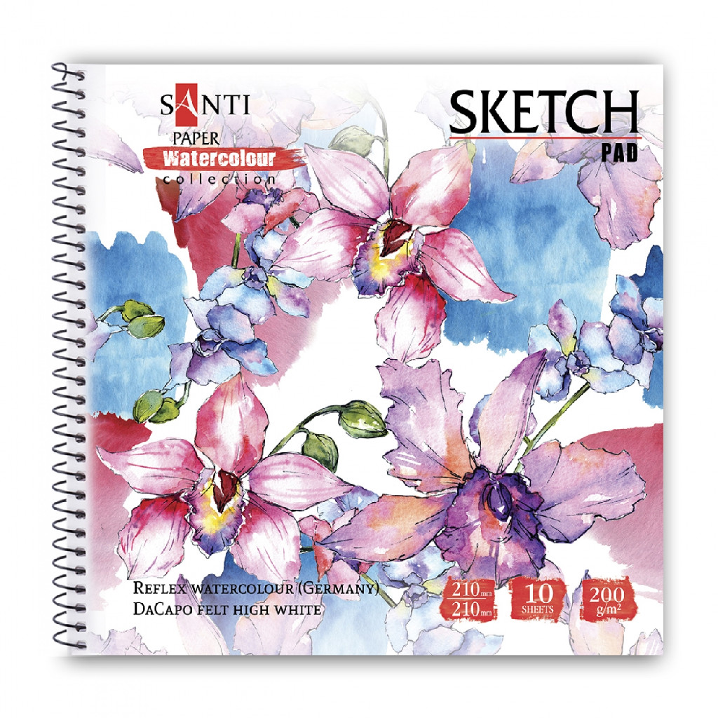 Альбом для акварели "Flowers" 210*210 мм, "Paper Watercolour Collection" 10 л., Santi, 130494