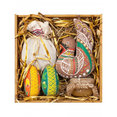 Дерев’яна коробка №49b •, Лебідь, 2 писанки, чай, мед, сіно, 2023010136