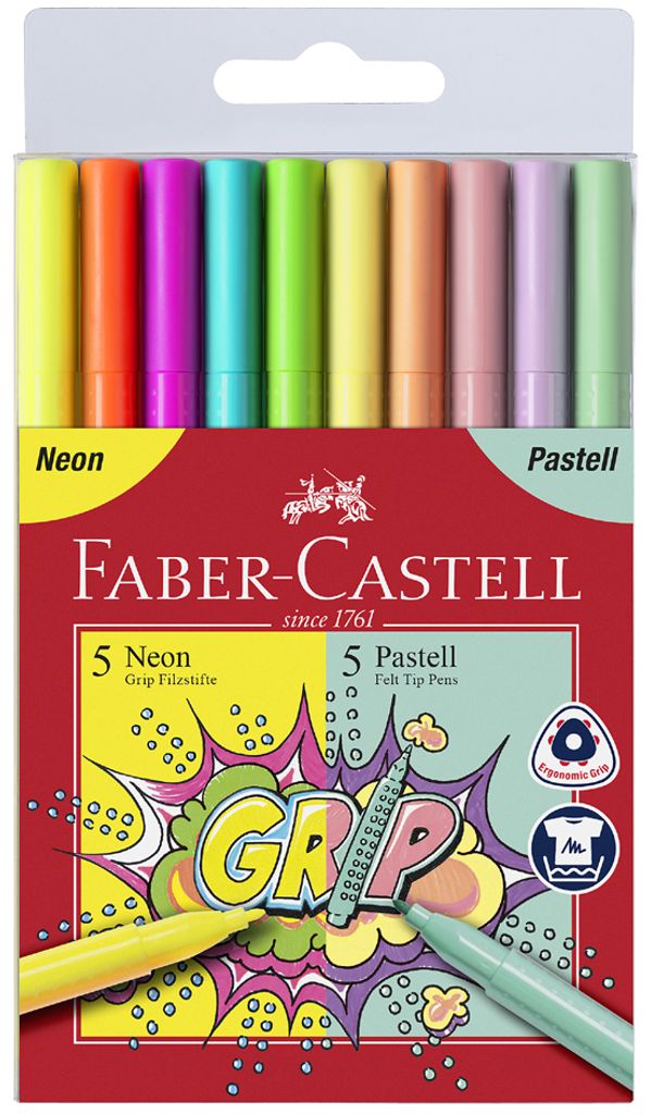 Фломастери 10 кол. Grip тригранні, Neon+Pastel, 155312 Faber-Castell