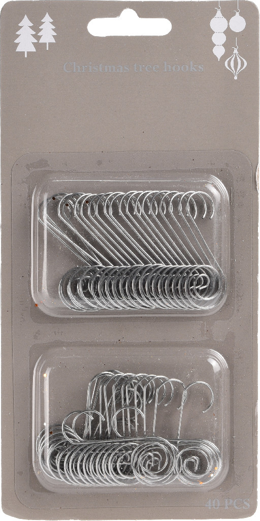 Гачки металеві для ялинкових прикрас, срібні (40 шт.), AWR000040