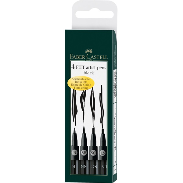 Набір ручок капілярних PITT Brush, 4 шт., чорний (в пласт. футлярі), 167139 Faber-Castell