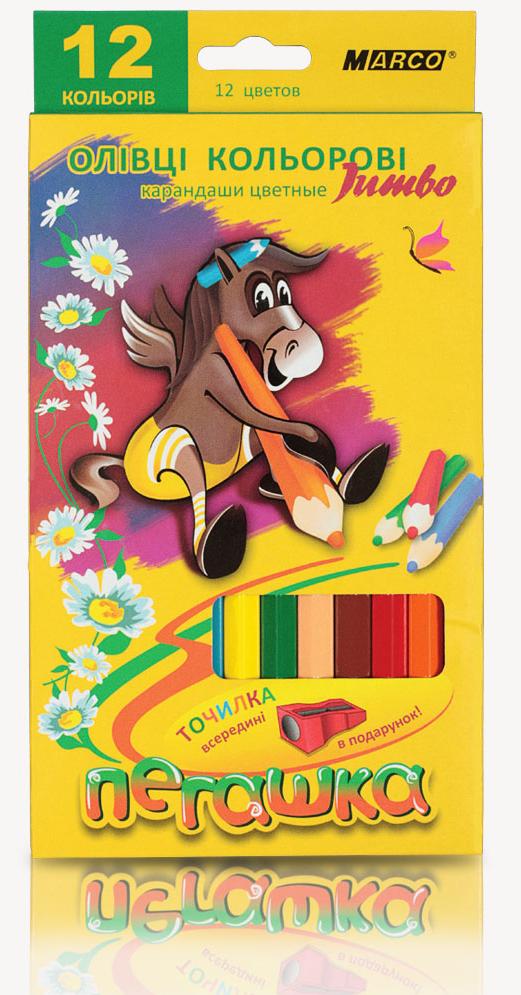 Карандаши 12 цв. Пегашка Jumbo шестигранные с точилкой, 1040-12СВ, Marco