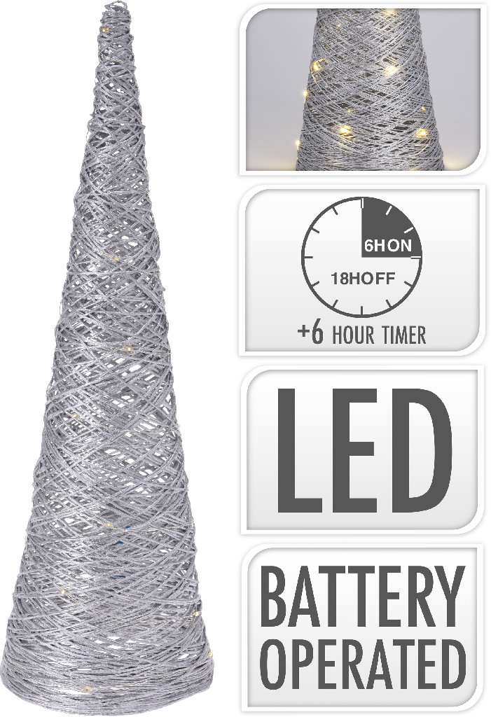 Украшение новогоднее из рафии "Конус" 80 см с LED-подсветкой (40 ламп), серебряный с глиттер., AMZ100340