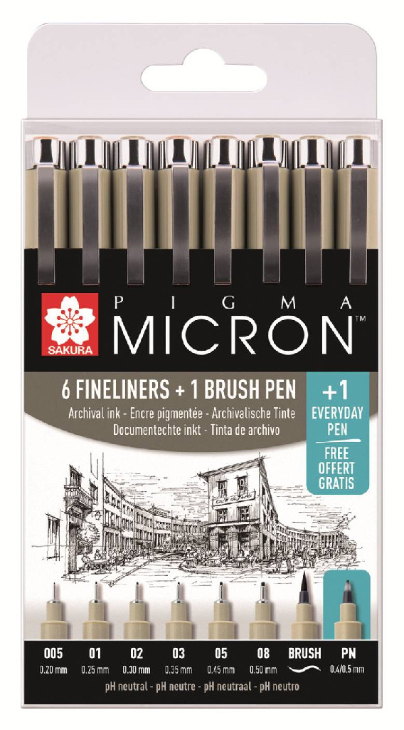Набор линеров Pigma Micron 6 шт, 1 линер-кисть + линер в подарок, Sakura