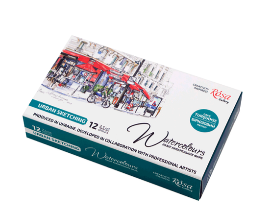 Набір акварельних фарб "Urban Sketching", в металевому пеналі, Бірюза, 12 кол., кювета, ROSA Gallery