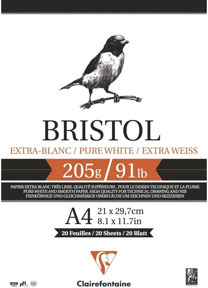 Склейка для рисунка А4 Bristol Extra Blanc 20 л. (205 г/м2), бумага экстрабелая, 96173C Clairefontaine