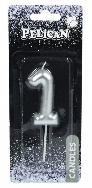 Свічка-цифра для торта Pelican "1", срібло, 6 см, 866021