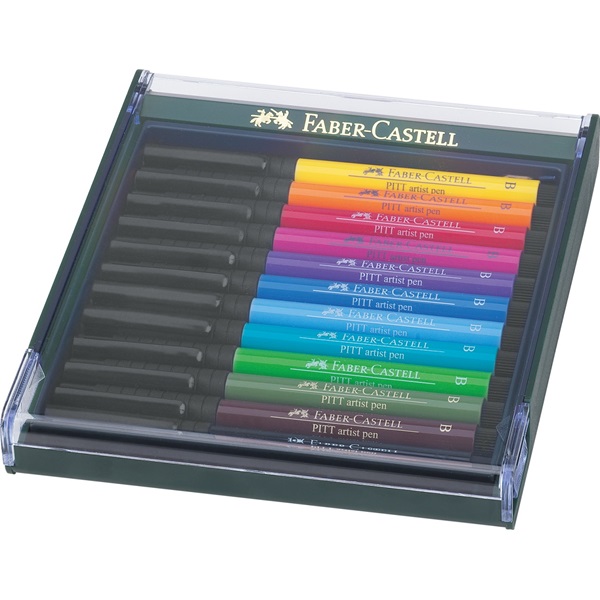 Набір ручок капілярних PITT Brush 12 шт. "Основні кольори" в пласт. кор., 267421 Faber-Castell