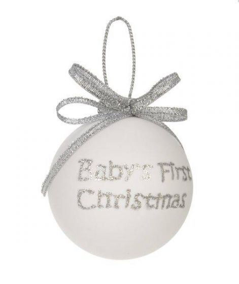 Ёлочное украшение Шар белый "Baby`s 1st Xmas" 6,5 см с серебрянным бантом, 76016